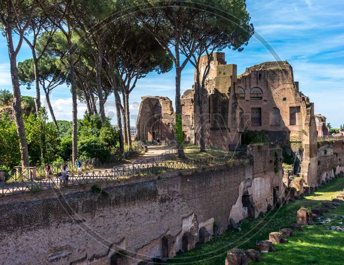 The Ancient Ruins Of Hippodrome Of Domitian At The Roman Forum, Palatine Hill In Rome. Famous World Landmark