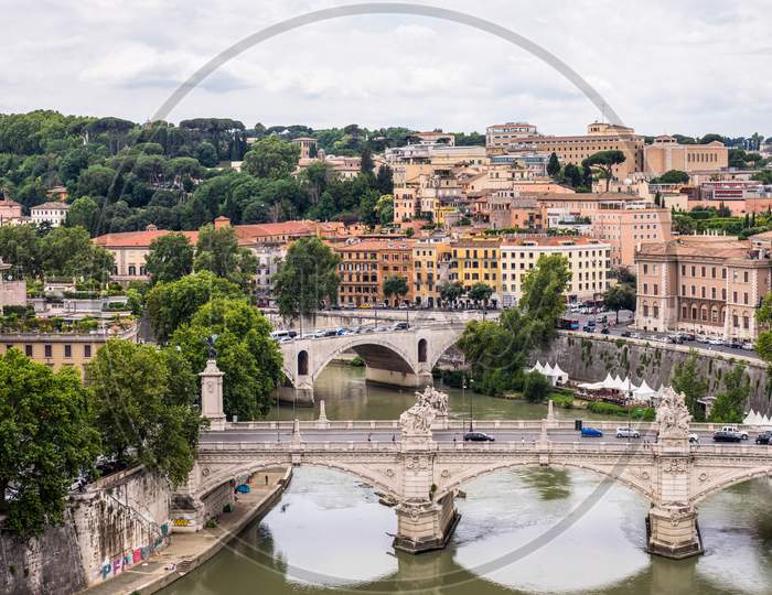 Rome, Italy - 23 June 2018: Cityscape Of Rome With Tiber River And Bridge Viewed From  Castel Sant Angelo, Mausoleum Of Hadrian