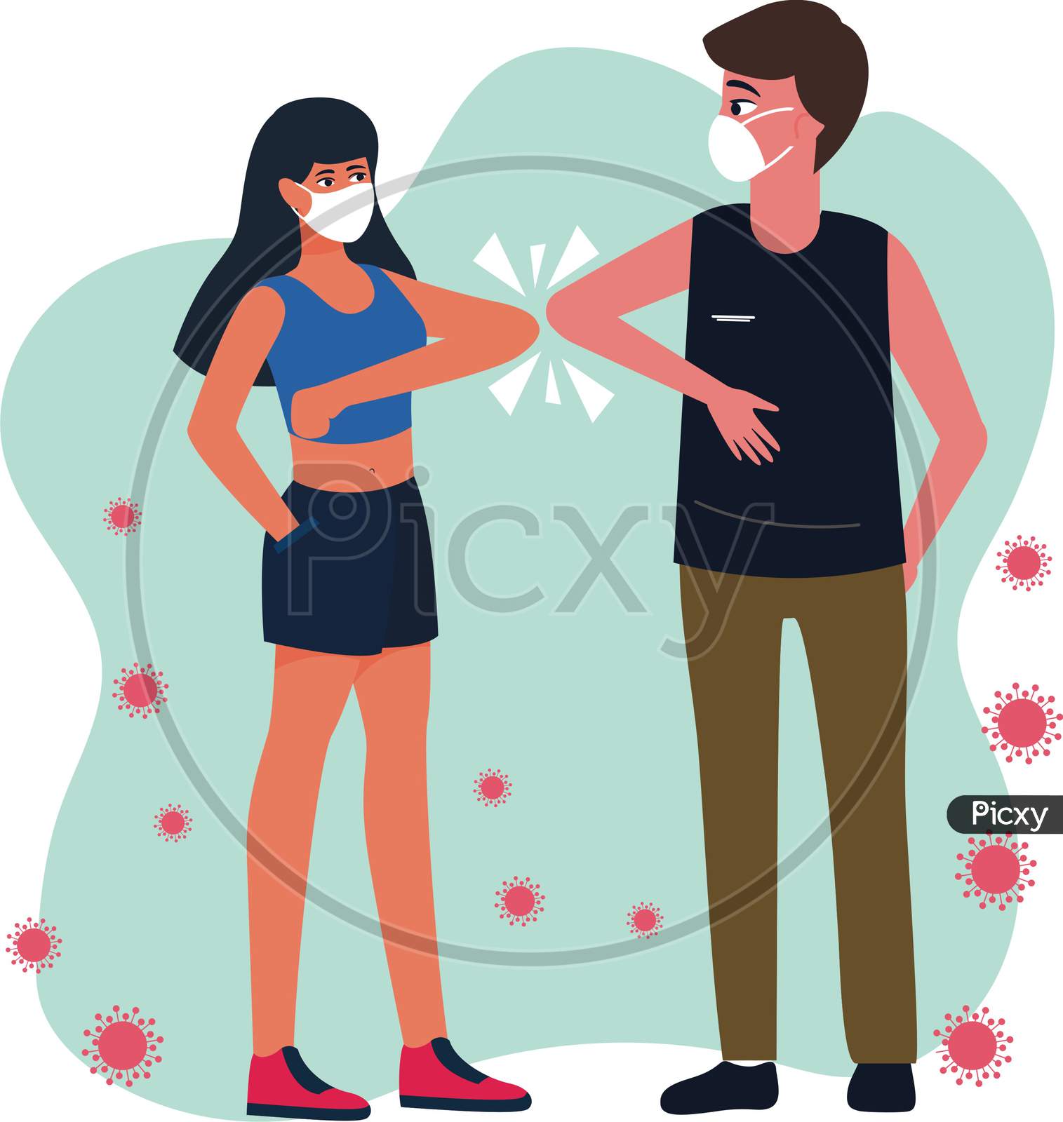 Greetings with the their elbows of man and woman wearing surgical masks.shot of bump elbows for greeting during coronavirus epidemic. new normal.Social Distancing.
