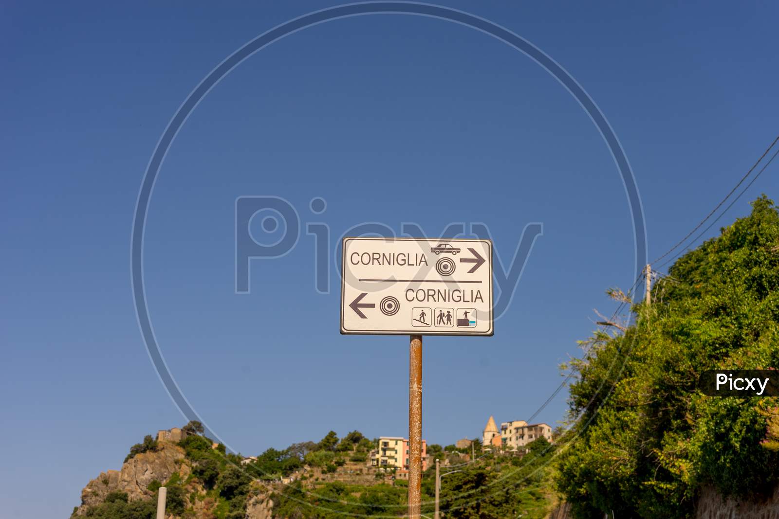 Italy, Cinque Terre, Corniglia, A Sign On The Side Of The Street