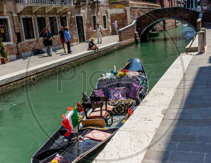 Venice, Italy - 01 July 2018: Gondola Boat On The Canals Of Venice, Italy