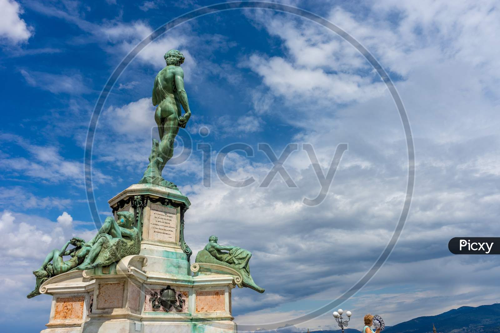 Florence, Italy - 25 June 2018: Toursists At The Statue Of Michelangelo David At Piazzale Michelangelo (Michelangelo Square) In Florence, Italy