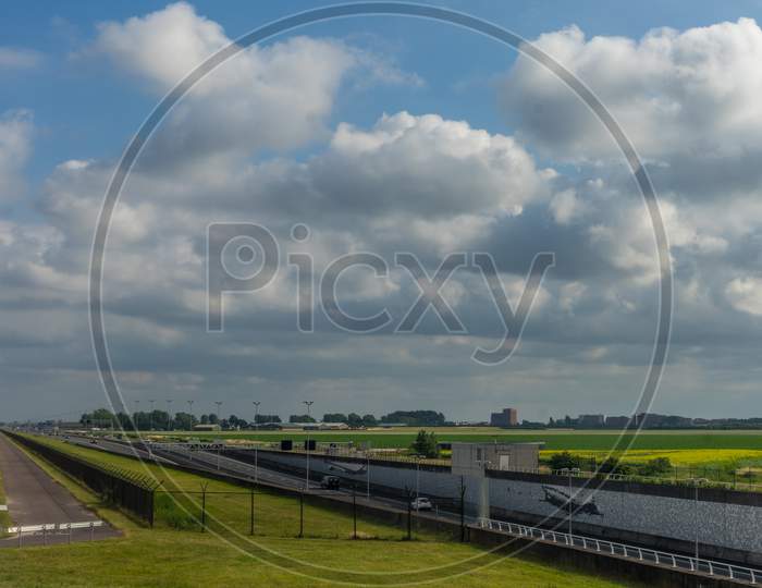 Highway In Holland, Netherlands Viewed From The Airport Runway