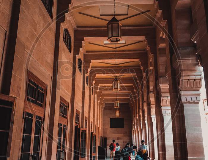 Hallway with symmetrical design, rajasthan.