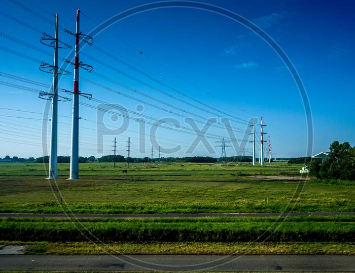 Netherlands, South Holland, Electric Pole With Wires