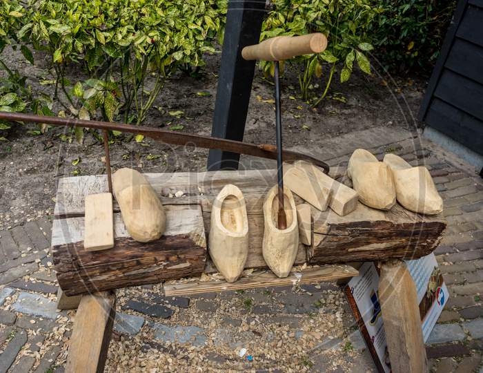 Lisse, Netherlands - 22 April: Wooden Clog Shoe Maker At  Keukenhoff, Tulip Gardens