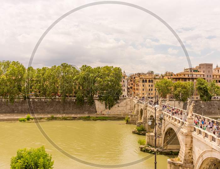 Rome, Italy - 23 June 2018: The Tiber River Near Ponte Sant Angelo In Rome, Italy