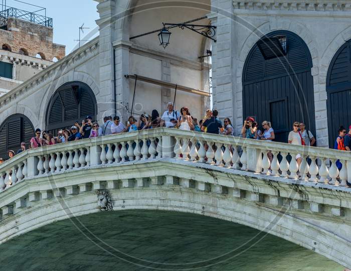 Venice, Italy - 01 July 2018: The Rialto Bridge Over The Grand Canal In Venice, Italy