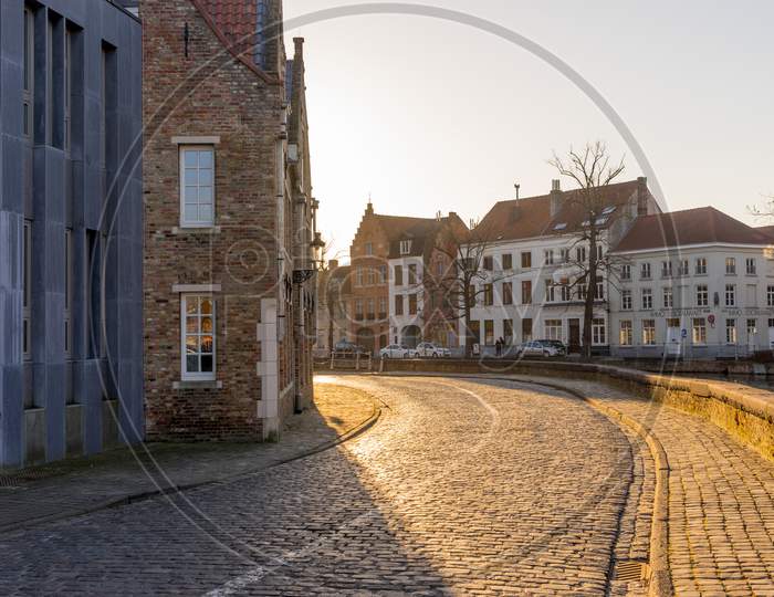 Bruges, Belgium - 17 February 2018: Cobblestone Street In Bruges, Belgium