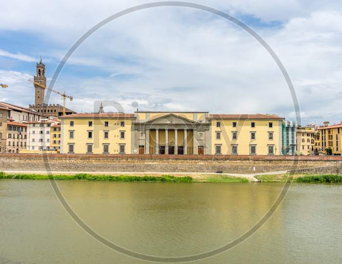Florence, Italy - 25 June 2018: The Palazzo Vecchio Over The Arno River In Florence, Italy