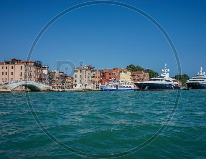 Venice, Italy - 01 July 2018: Cruise Ships Along The Grand Canal In Venice, Italy