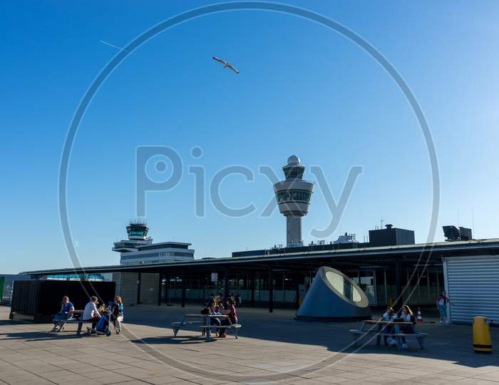 Netherlands, Amsterdam, Schiphol - 06 May, 2018: Panorama Terrce At Airport. Schiphol Is One Of The Busiest Airport In Europe.