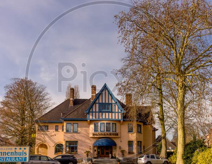 Bruges, Belgium - 17 February 2018: Pannenhuis Bed And Breakfast Hotel On 17 February Morning
