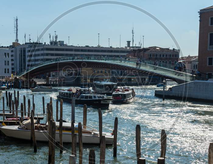 Venice, Italy - 30 June 2018: People Walking On The Bridge Over The Grand Canal In Venice, Italy