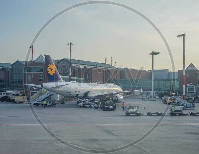 Venice, Italy - 01 July 2018: The Lufthansa Aircraft At Marco Polo Airport In Venice, Italy