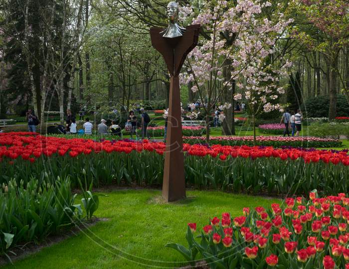 Lisse, Netherlands - 22 April: Monument At  Keukenhoff, Tulip Gardens