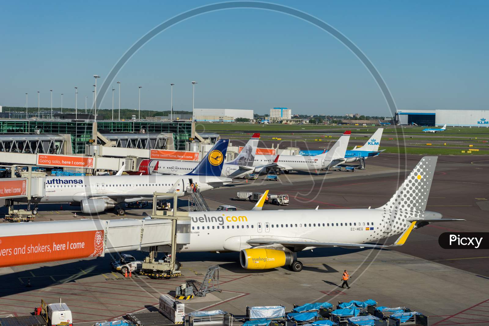 Netherlands, Amsterdam, Schiphol - 06 May, 2018: Vueling Planes At Airport. Schiphol Is One Of The Busiest Airport In Europe.