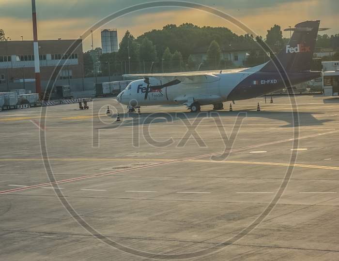 Venice, Italy - 01 July 2018: The Fedex Aircraft At Marco Polo Airport In Venice, Italy