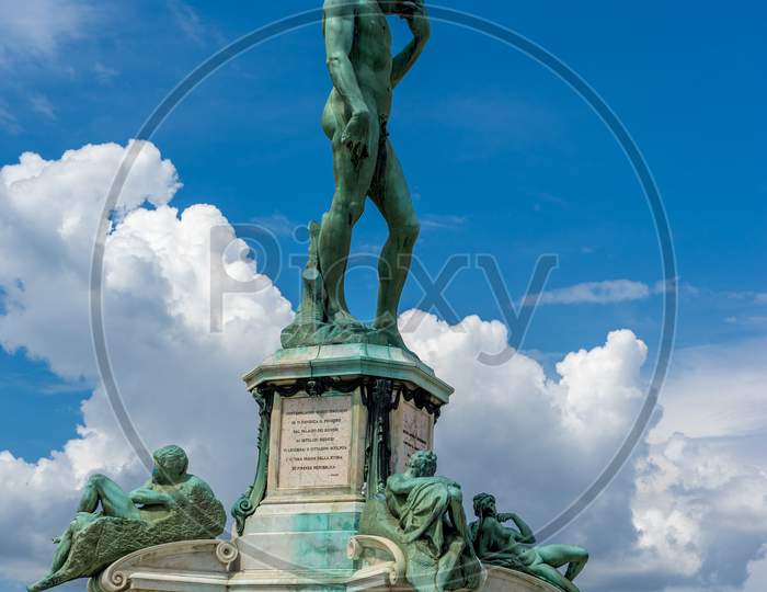 Florence, Italy - 25 June 2018: Toursists At The Statue Of Michelangelo David At Piazzale Michelangelo (Michelangelo Square) In Florence, Italy