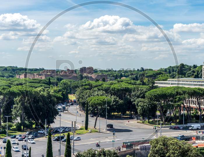 Rome, Italy - 24 June 2018: The Ancient Ruins Of Circus Maximus In The Valley Between The Aventine And Palatine Hills, Roman Forum In Rome