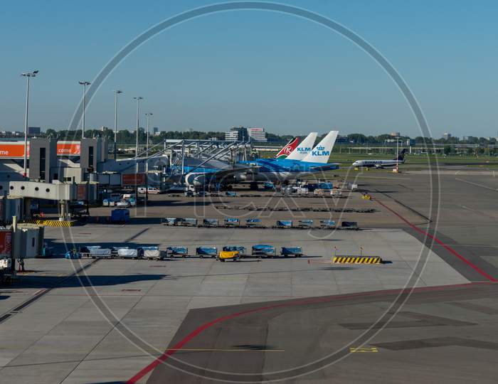 Netherlands, Amsterdam, Schiphol - 06 May, 2018: Klm Planes At Airport. Schiphol Is One Of The Busiest Airport In Europe.