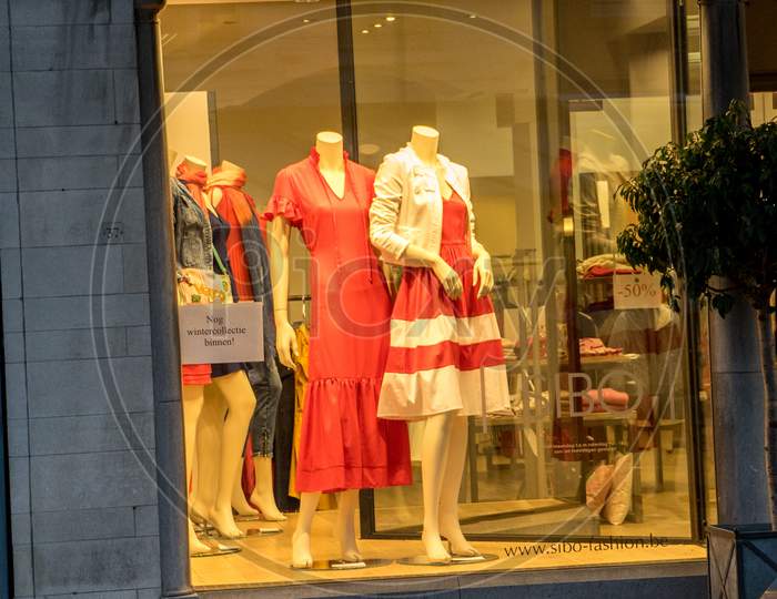 Bruges, Belgium - 17 February 2018: Mannequin With Red Dress At Shop At Bruges, Belgium