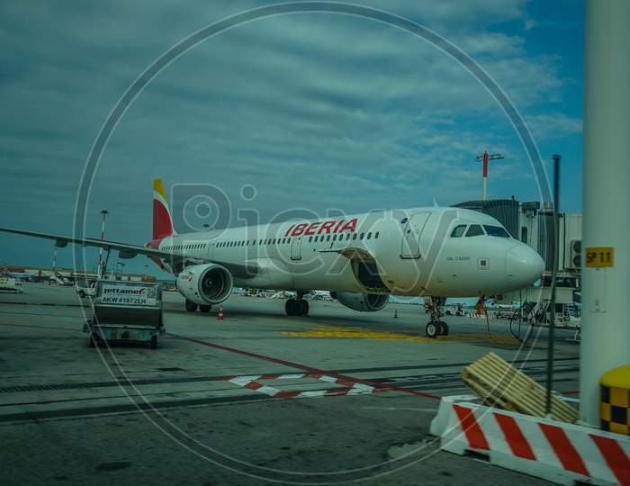 Venice, Italy - 01 July 2018: The Iberia At Marco Polo Airport In Venice, Italy