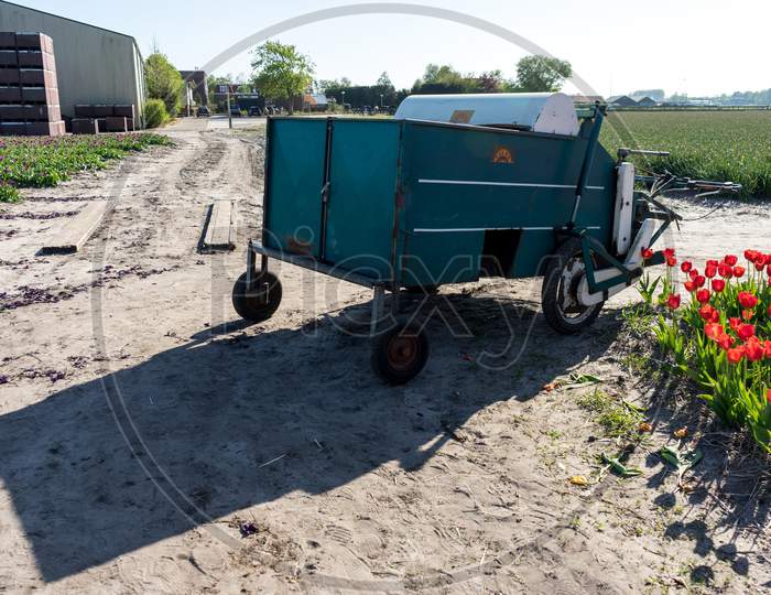 Lisse, Netherlands - 5 May 2018: Farming Equipment On A Tulip Farm