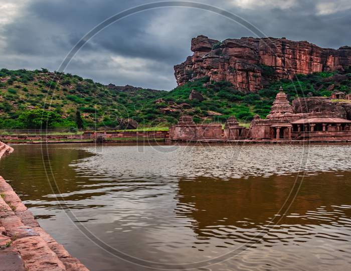 Holly Religious Lake With Ancient Temple And Mountain Background At Morning