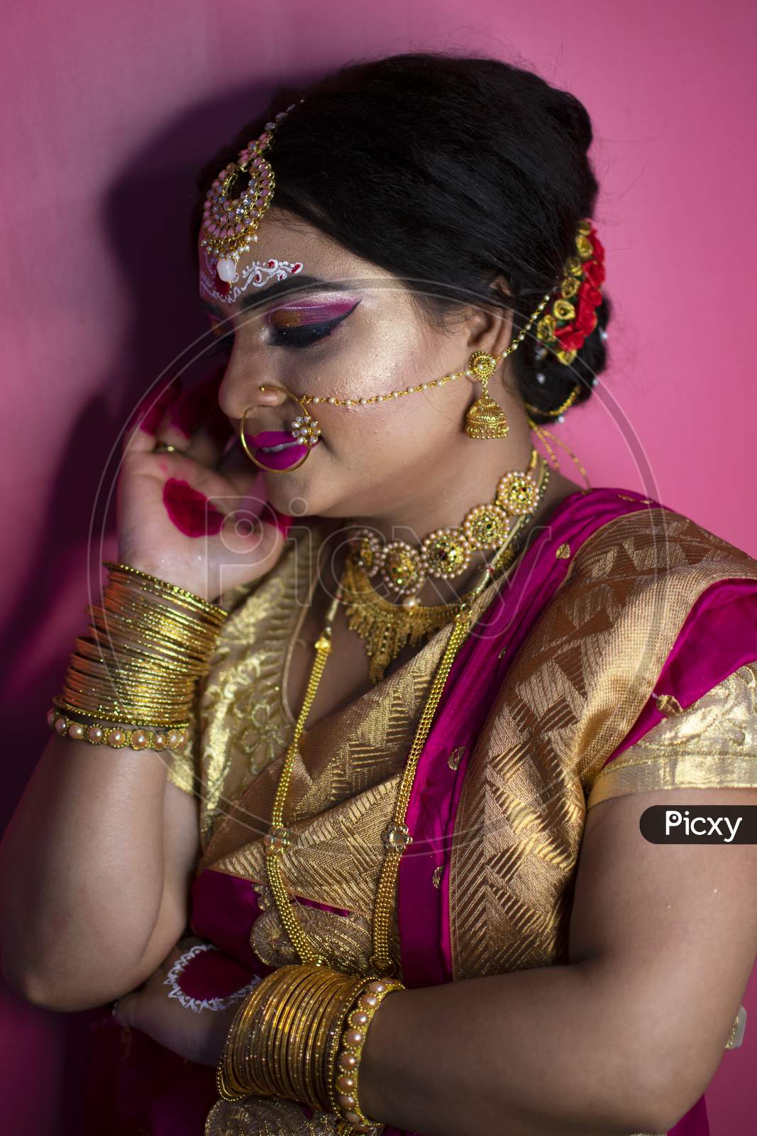 Bridal Portrait Of Indian Lady Wearing Traditional Saree And Gold Jewellery