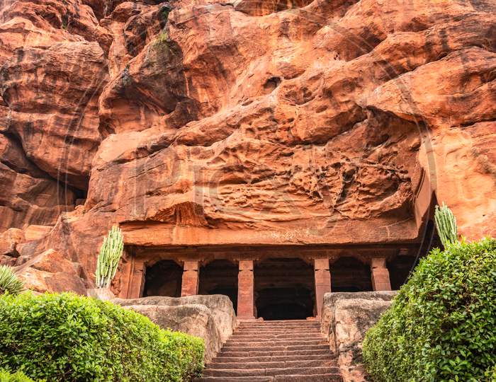 Badami Cave No One Chalukya Dynasty Ancient Stone Art From Flat Angle