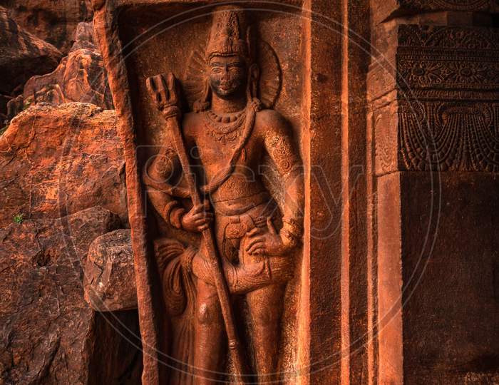 Badami Cave Sculptures Of Hindu Gods Carved On Walls Ancient Stone Art In Details