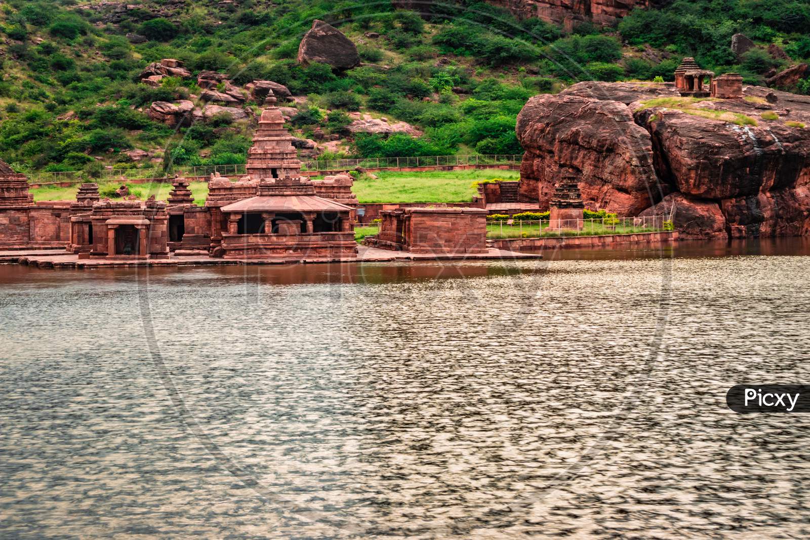 Holly Religious Lake With Ancient Temple And Mountain Background At Morning