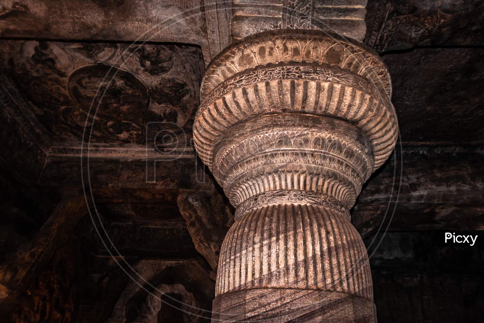 Badami Cave Temple Interior Pillars Stone Art In Details