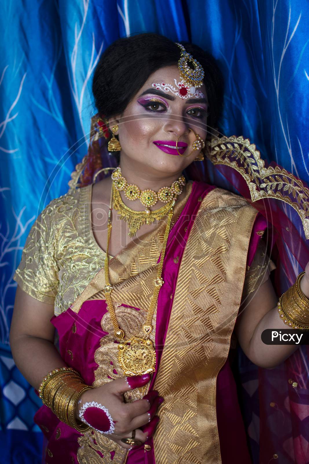 Portrait Of A Cute Indian Model In Bridal Look With Heavy Gold Jewelry And Red Sari