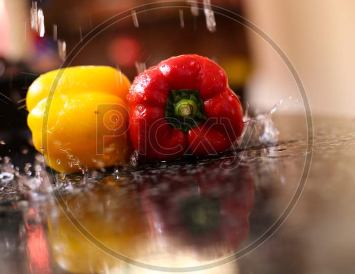 Red And Yellow Colour Bell Peper Water Washing