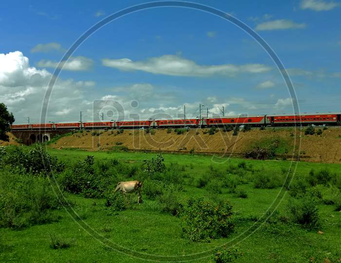 Agricultural Rural Background With Running Train.