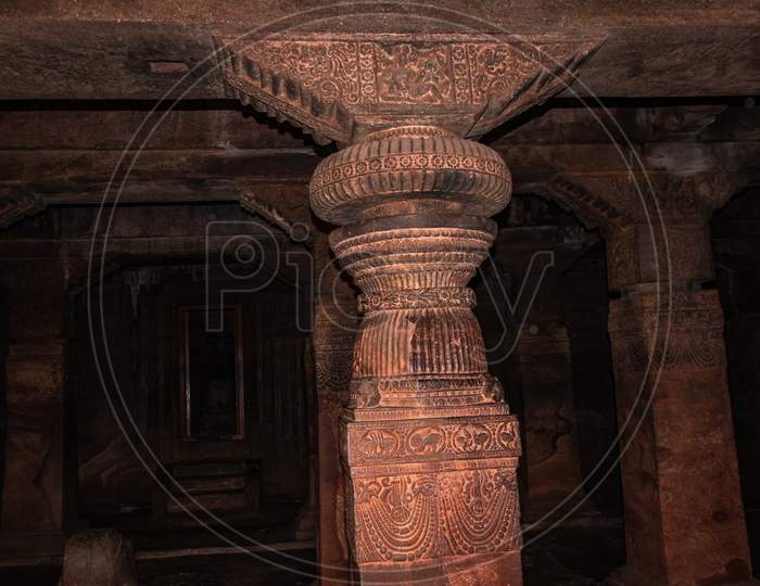 Badami Cave Temple Interior Pillars Stone Art In Details