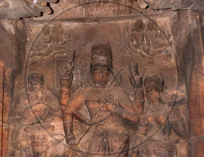 Badami Cave Sculptures Of Hindu Gods Carved On Walls Ancient Stone Art In Details