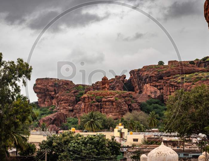 Badami Cave Lower Shivalaya Temple With Mountain Foreground