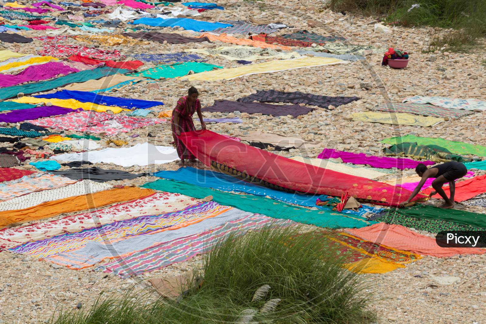 A Colorful view of Laundry workers seen placing the Indian Saris for Drying under the natural Sunlight by the side of river Cauvery in the countryside near Mysuru in Karnataka/India.