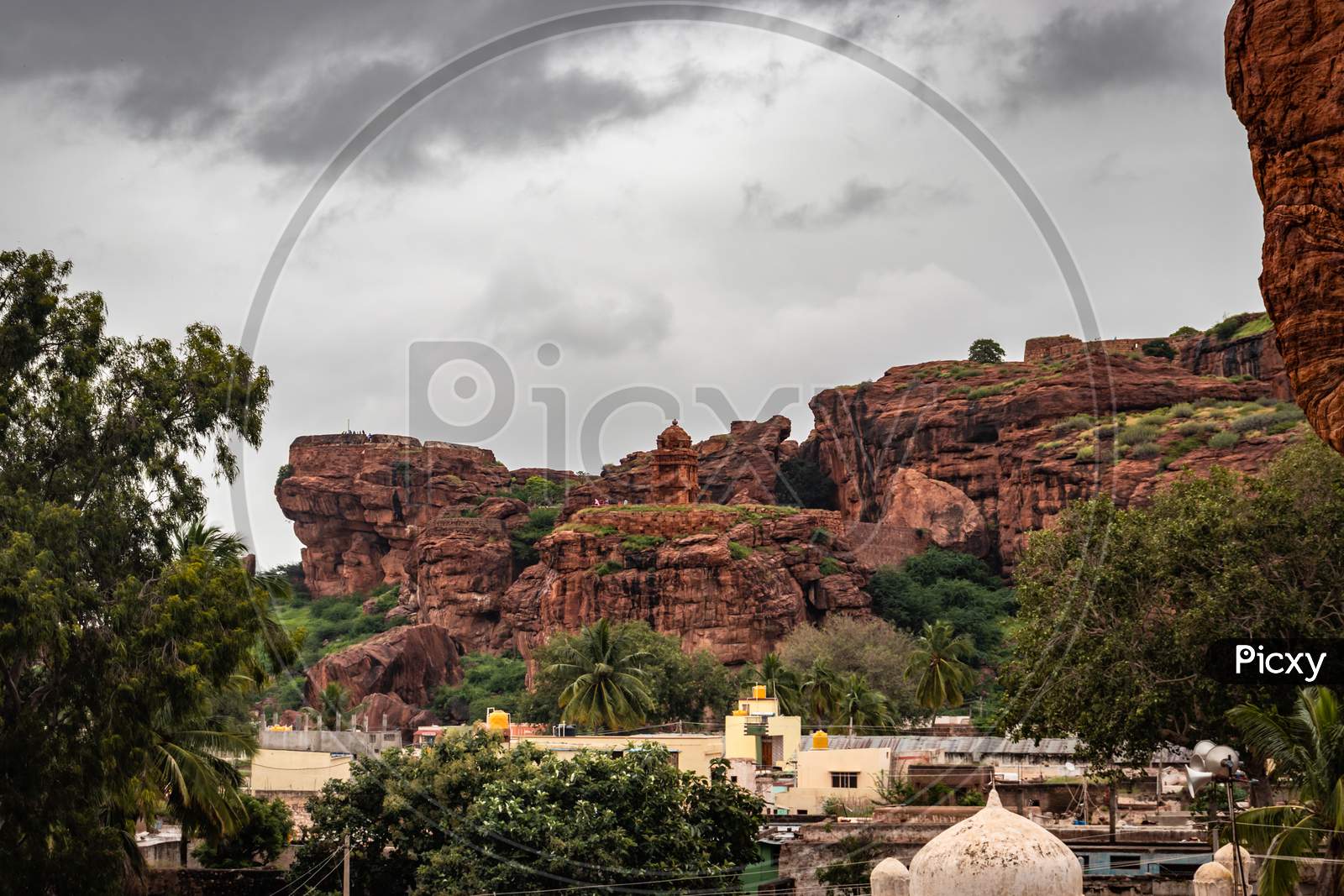 Badami Cave Lower Shivalaya Temple With Mountain Foreground