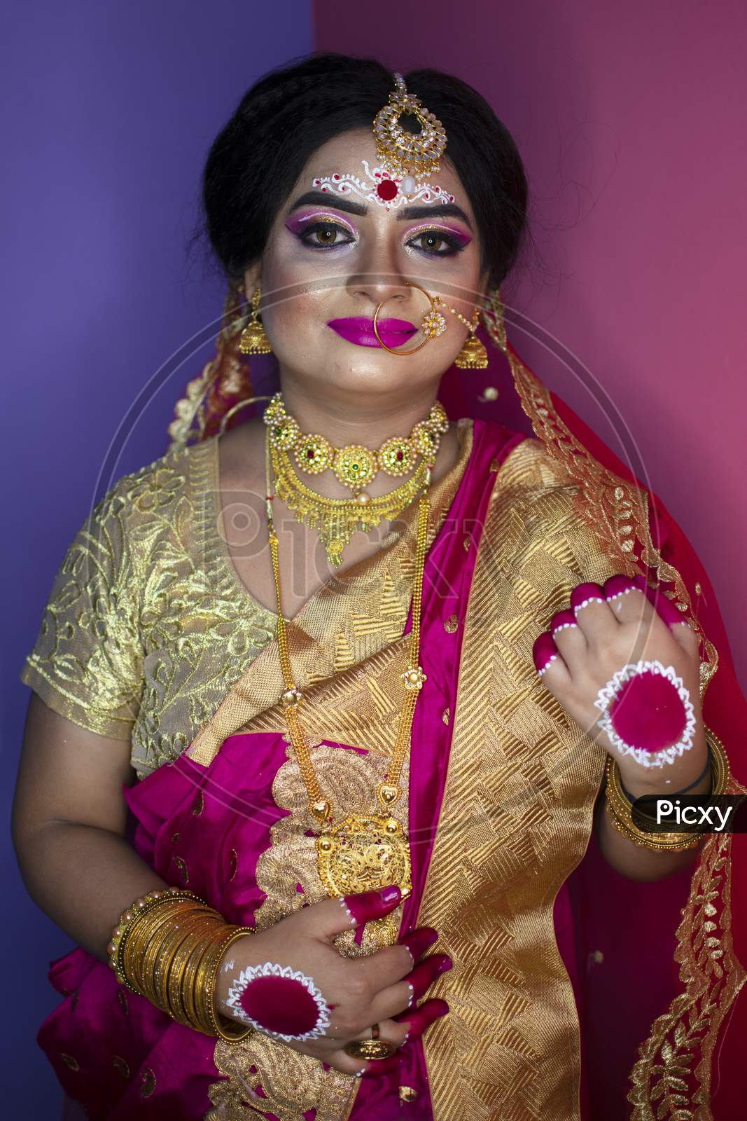 Indian Bride Dressed In Hindu Red Traditional Wedding Clothes Sari Embroidered With Gold Jewelry