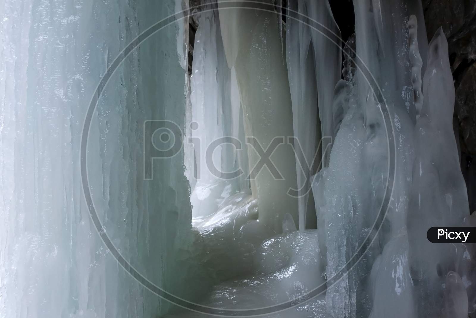 A High Altitude Frozen Water Fall With Several Patterns Of Icicles In Ladakh In India