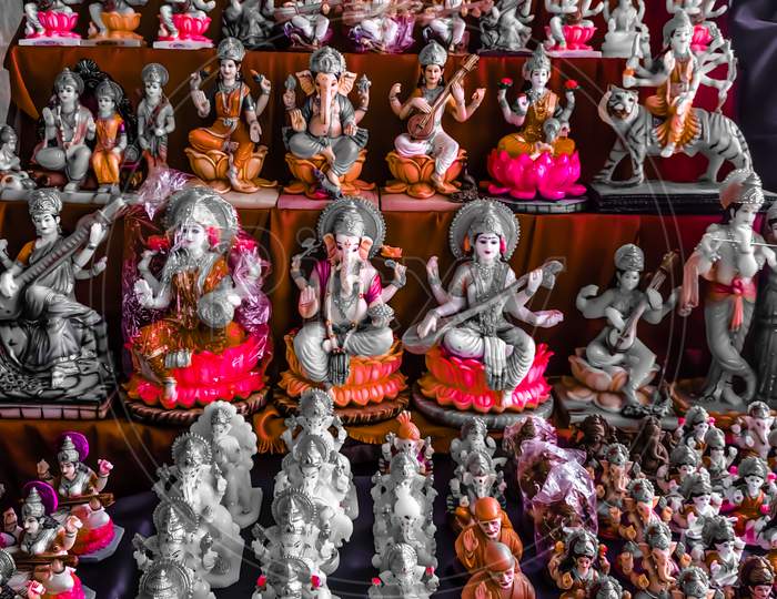 Arulmigu Saraswathi Temple Koothanur, Tamilnadu, INDIA, OCTOBER 06, 2018: Ritualistic display of Bommai Kolu or golu (dolls and figurines) at a Hindu household, as part of the Navaratri festival