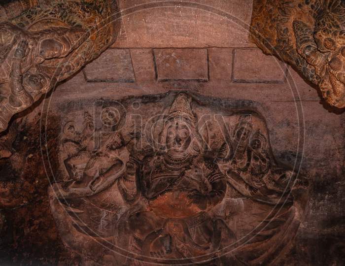 Badami Cave Sculptures Of Hindu Gods Carved On Roof Ancient Stone Art In Details