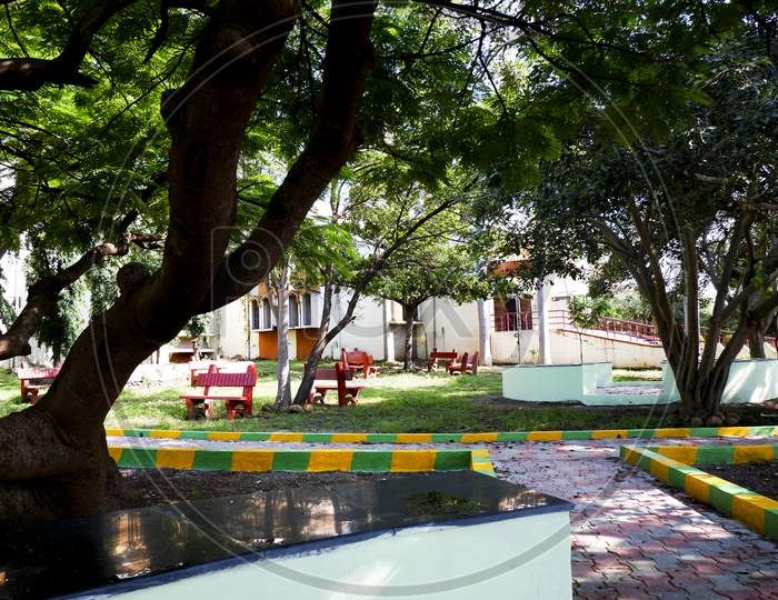 Kalaburagi, Karnataklow Angle View Of Gulbarga University Library Beautiful Open Air Green Library Walking Path