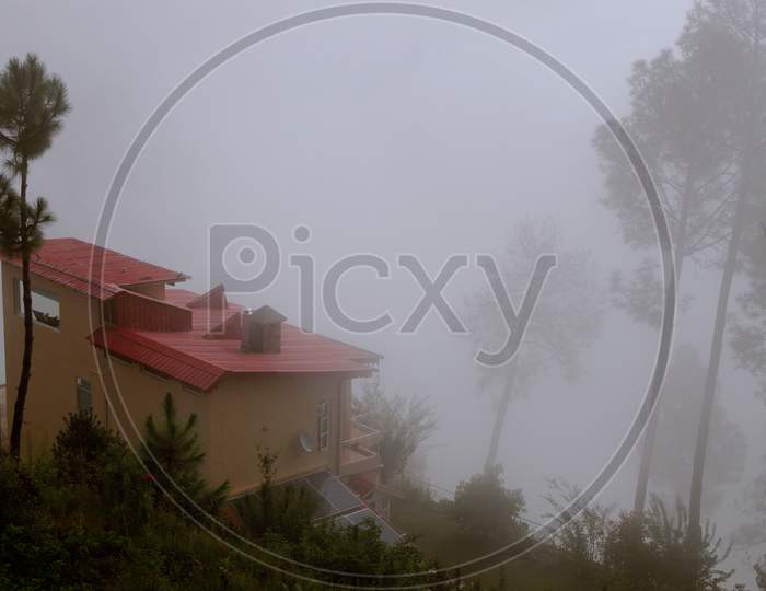 Beautiful landscape with forest and pines, mountain cottage and fog and low clouds in the mountains.