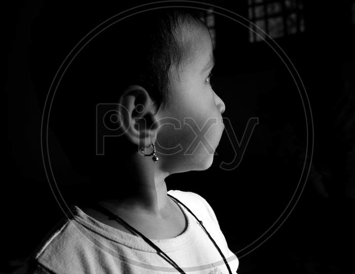 Kalaburagi, Karnatakacloseup Side View Of Child Girl In Black & White Photo