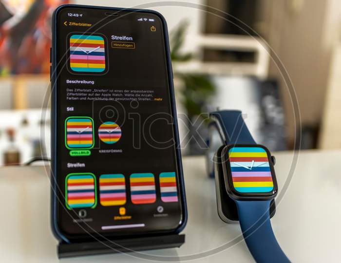 Frankfurt, Germany - September 17th 2020: A german photographer installing the all new watchOS 7 software on his Apple Watch after the launch of the official version.
